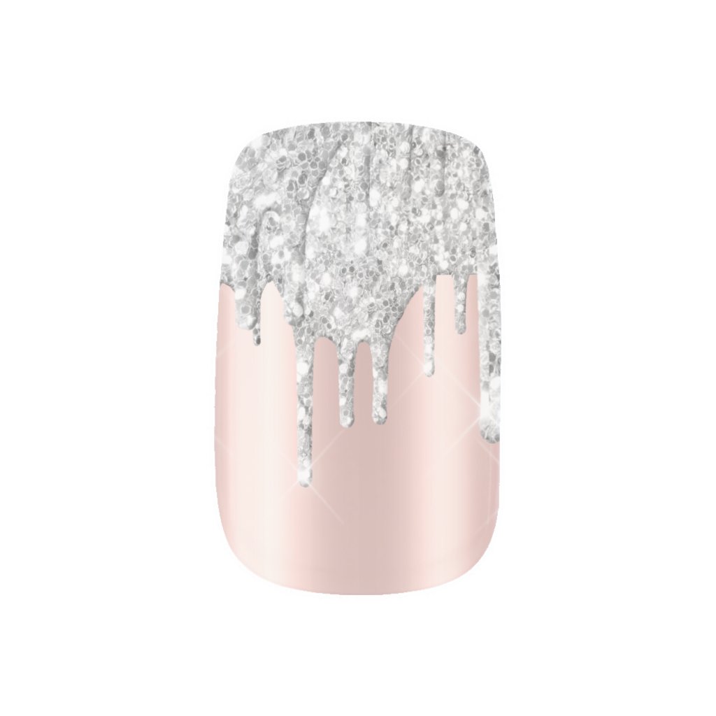 Luxury Glitter Silver Drips on pink Rose Gold Minx Nail Art