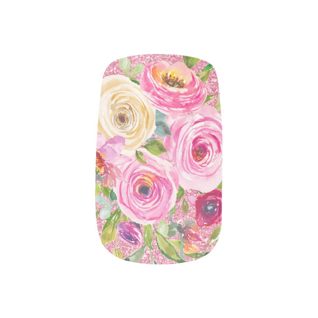 Watercolor Roses in Pink and Cream on Pink Glitter Minx Nail Art